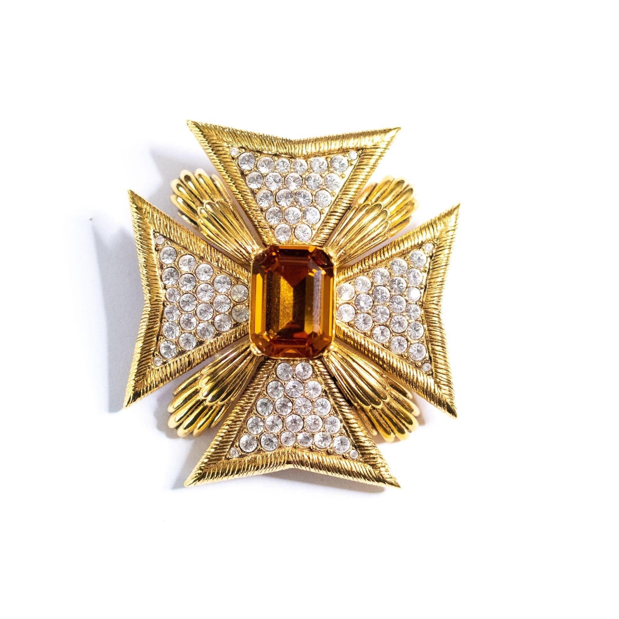 Vintage Joan Rivers Large Maltese Cross Brooch with Citrine Center and Diamante Rhinestones by Joan Rivers - Vintage Meet Modern Vintage Jewelry - Chicago, Illinois - #oldhollywoodglamour #vintagemeetmodern #designervintage #jewelrybox #antiquejewelry #vintagejewelry