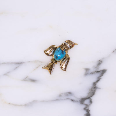 Vintage Damascene Bird Brooch with Turquoise Glass by Made in Spain - Vintage Meet Modern Vintage Jewelry - Chicago, Illinois - #oldhollywoodglamour #vintagemeetmodern #designervintage #jewelrybox #antiquejewelry #vintagejewelry