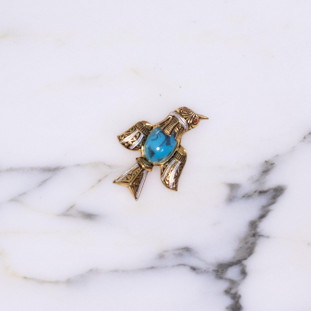 Vintage Damascene Bird Brooch with Turquoise Glass