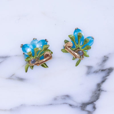 Vintage Blue Moonglow with Rhinestones and Green Leaves Cluster Bead Clip On Earrings by Unsigned - Vintage Meet Modern Vintage Jewelry - Chicago, Illinois - #oldhollywoodglamour #vintagemeetmodern #designervintage #jewelrybox #antiquejewelry #vintagejewelry