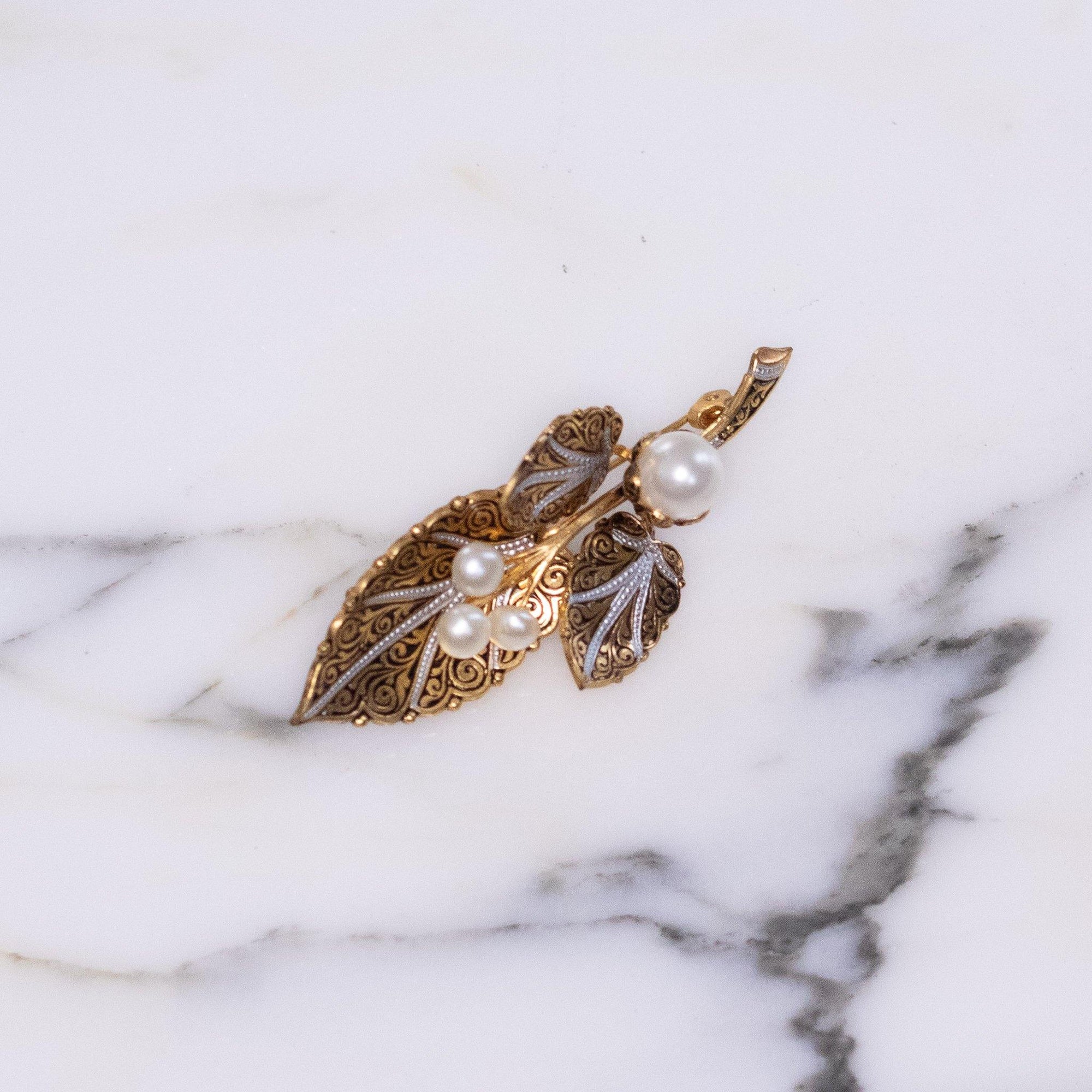 Vintage Damascene Gold and Silver Leaf Brooch with Faux Pearls by Made in Spain - Vintage Meet Modern Vintage Jewelry - Chicago, Illinois - #oldhollywoodglamour #vintagemeetmodern #designervintage #jewelrybox #antiquejewelry #vintagejewelry