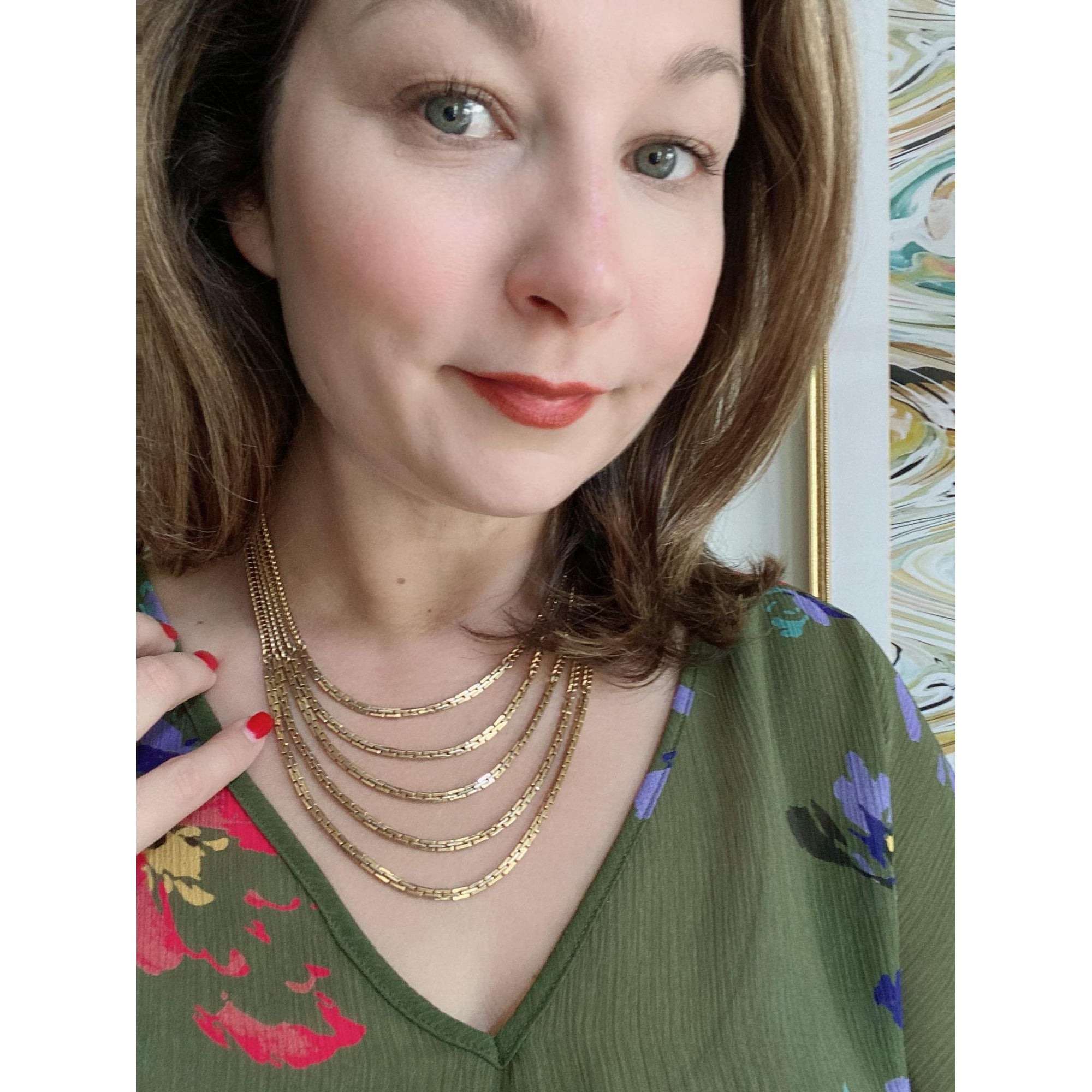 Vintage Monet Five Strand Mixed Media Gold Graduated Chain Necklace by Monet - Vintage Meet Modern Vintage Jewelry - Chicago, Illinois - #oldhollywoodglamour #vintagemeetmodern #designervintage #jewelrybox #antiquejewelry #vintagejewelry