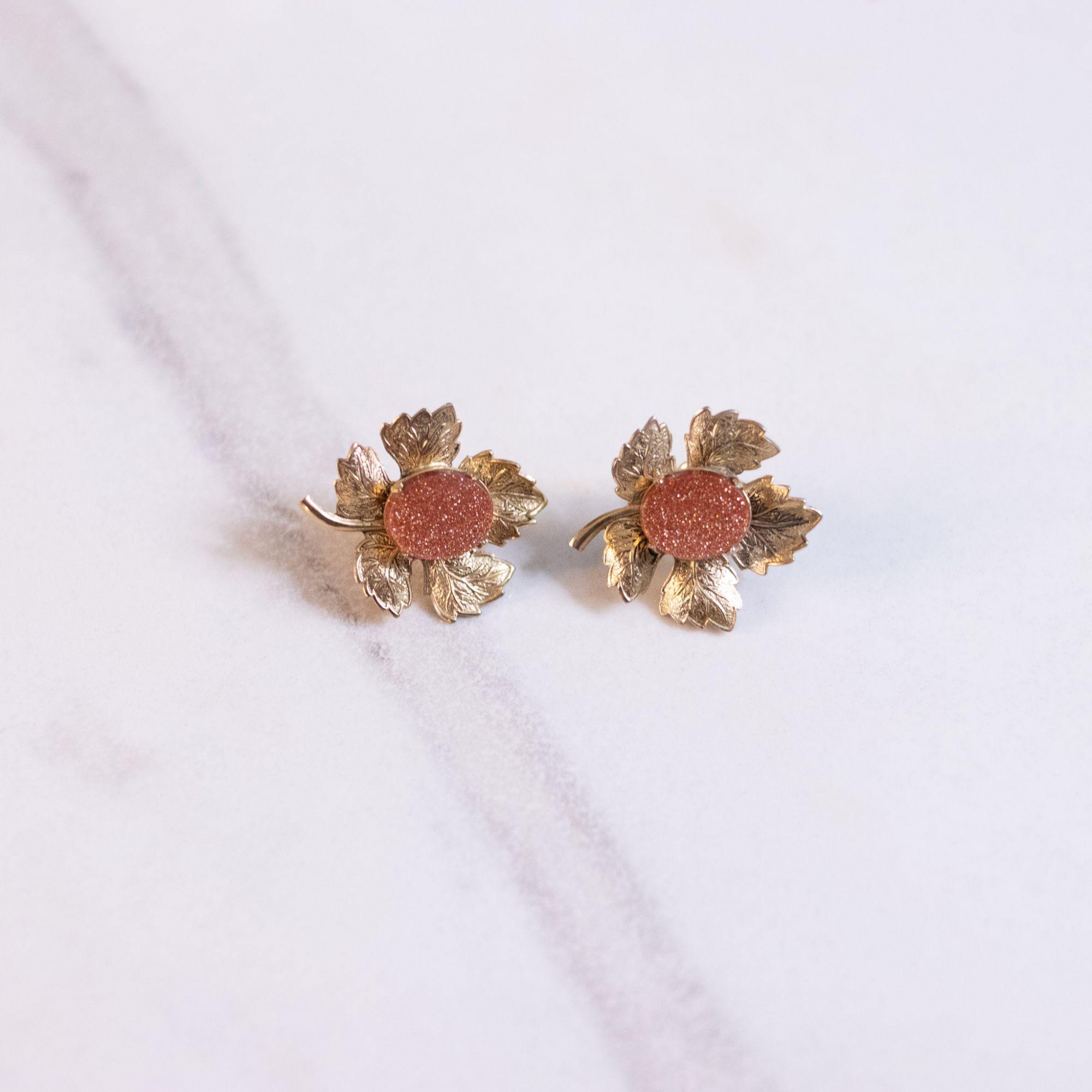 Vintage Gold Leaf with Goldstone Earrings by Unsigned Beauty - Vintage Meet Modern Vintage Jewelry - Chicago, Illinois - #oldhollywoodglamour #vintagemeetmodern #designervintage #jewelrybox #antiquejewelry #vintagejewelry