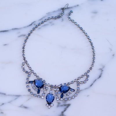 Vintage Blue Rhinestone Statement Necklace by Unsigned - Vintage Meet Modern Vintage Jewelry - Chicago, Illinois - #oldhollywoodglamour #vintagemeetmodern #designervintage #jewelrybox #antiquejewelry #vintagejewelry