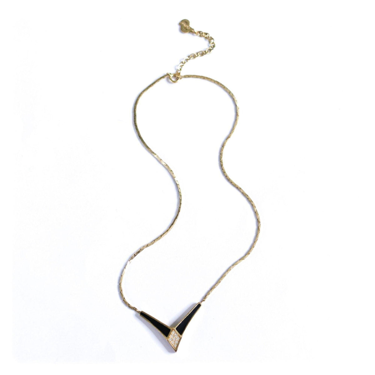 Vintage Christian Dior Art Deco Style Black Enamel with Pave Crystal "V" Necklace