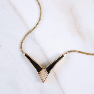 Vintage Christian Dior Art Deco Style Black Enamel with Pave Crystal "V" Necklace by Christian Dior - Vintage Meet Modern Vintage Jewelry - Chicago, Illinois - #oldhollywoodglamour #vintagemeetmodern #designervintage #jewelrybox #antiquejewelry #vintagejewelry