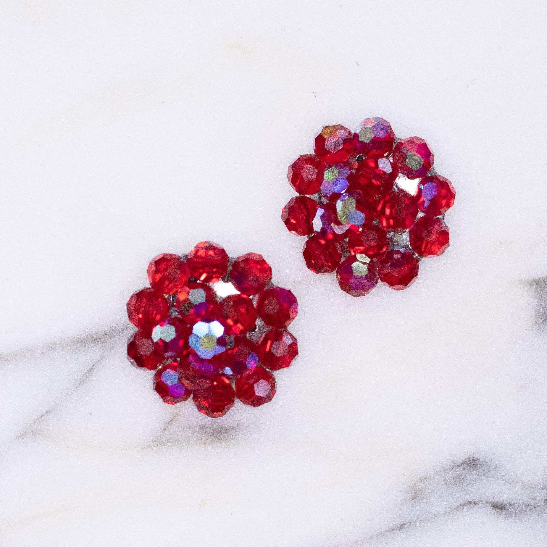 Vintage Red Aurora Borealis Beaded Cluster Statement Earrings by Austria - Vintage Meet Modern Vintage Jewelry - Chicago, Illinois - #oldhollywoodglamour #vintagemeetmodern #designervintage #jewelrybox #antiquejewelry #vintagejewelry
