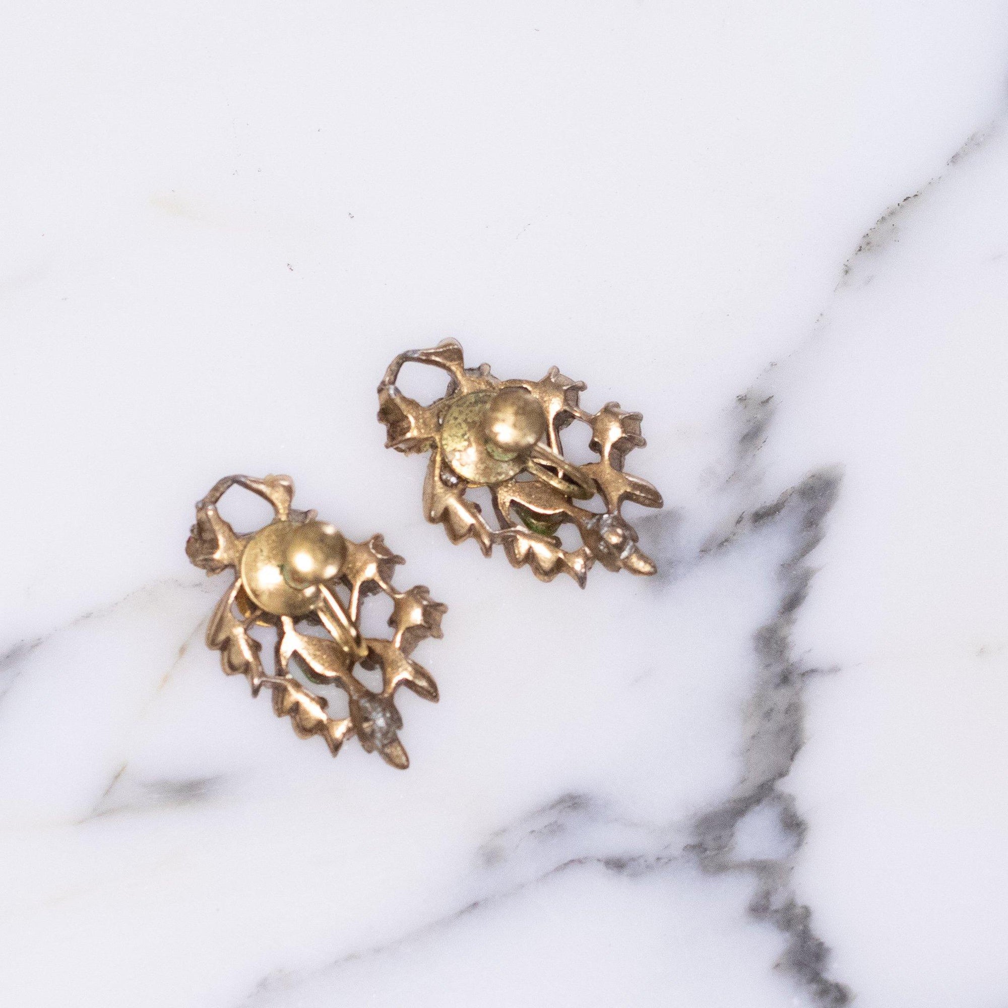 Vintage Lisner Gold Leaf Earrings with Pastel Rhinestones in Blue, Green, and Pink by Lisner - Vintage Meet Modern Vintage Jewelry - Chicago, Illinois - #oldhollywoodglamour #vintagemeetmodern #designervintage #jewelrybox #antiquejewelry #vintagejewelry