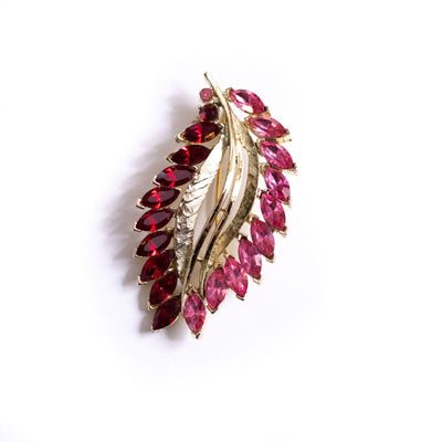 Vintage Pink and Red Rhinestone Leaf Brooch by Unsigned Beauty - Vintage Meet Modern Vintage Jewelry - Chicago, Illinois - #oldhollywoodglamour #vintagemeetmodern #designervintage #jewelrybox #antiquejewelry #vintagejewelry