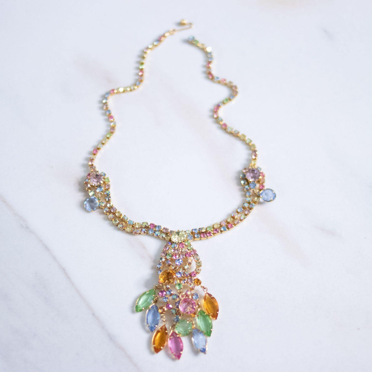Vintage Colorful Pastel Rhinestone Tassel Necklace