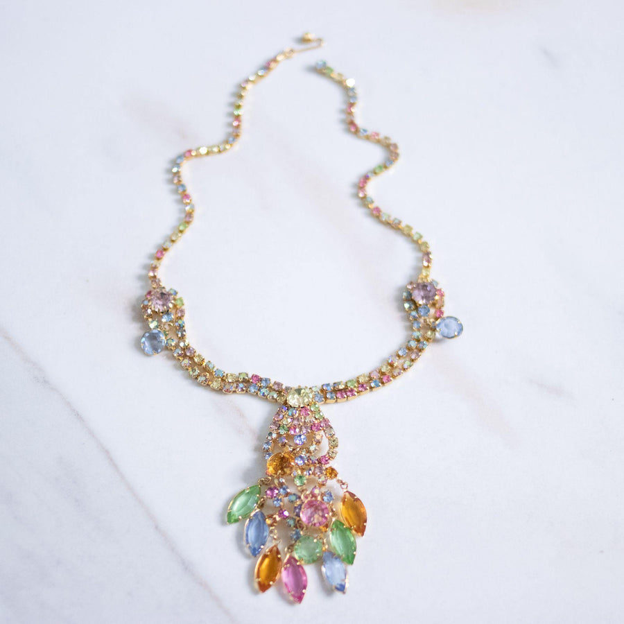 Vintage Colorful Pastel Rhinestone Tassel Necklace by Unsigned Beauty - Vintage Meet Modern Vintage Jewelry - Chicago, Illinois - #oldhollywoodglamour #vintagemeetmodern #designervintage #jewelrybox #antiquejewelry #vintagejewelry