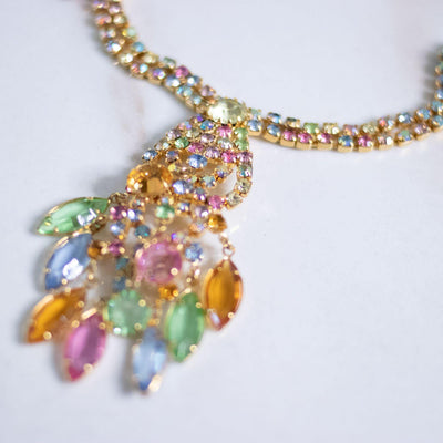 Vintage Colorful Pastel Rhinestone Tassel Necklace by Unsigned Beauty - Vintage Meet Modern Vintage Jewelry - Chicago, Illinois - #oldhollywoodglamour #vintagemeetmodern #designervintage #jewelrybox #antiquejewelry #vintagejewelry
