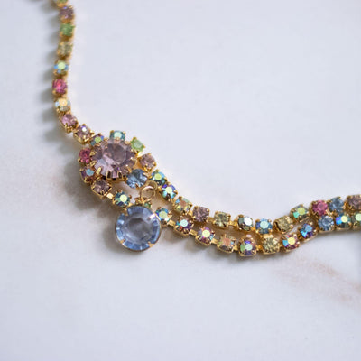 Vintage Colorful Pastel Rhinestone Tassel Necklace by Unsigned Beauty - Vintage Meet Modern Vintage Jewelry - Chicago, Illinois - #oldhollywoodglamour #vintagemeetmodern #designervintage #jewelrybox #antiquejewelry #vintagejewelry