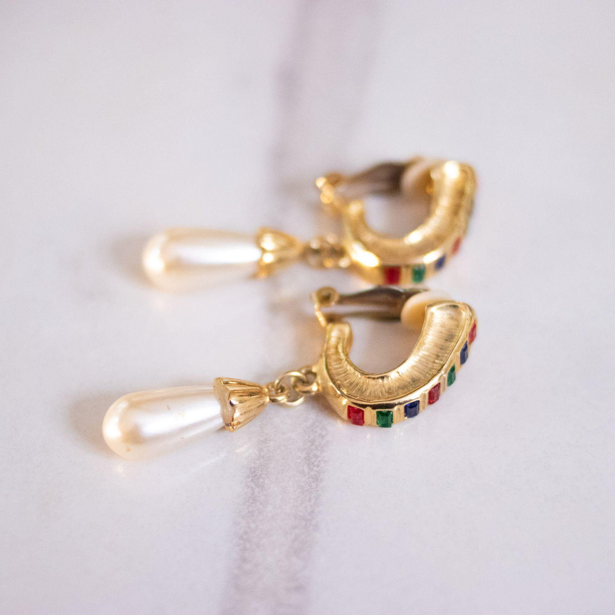 Vintage Colorful Rainbow Rhinestones and Faux Pearl Earrings