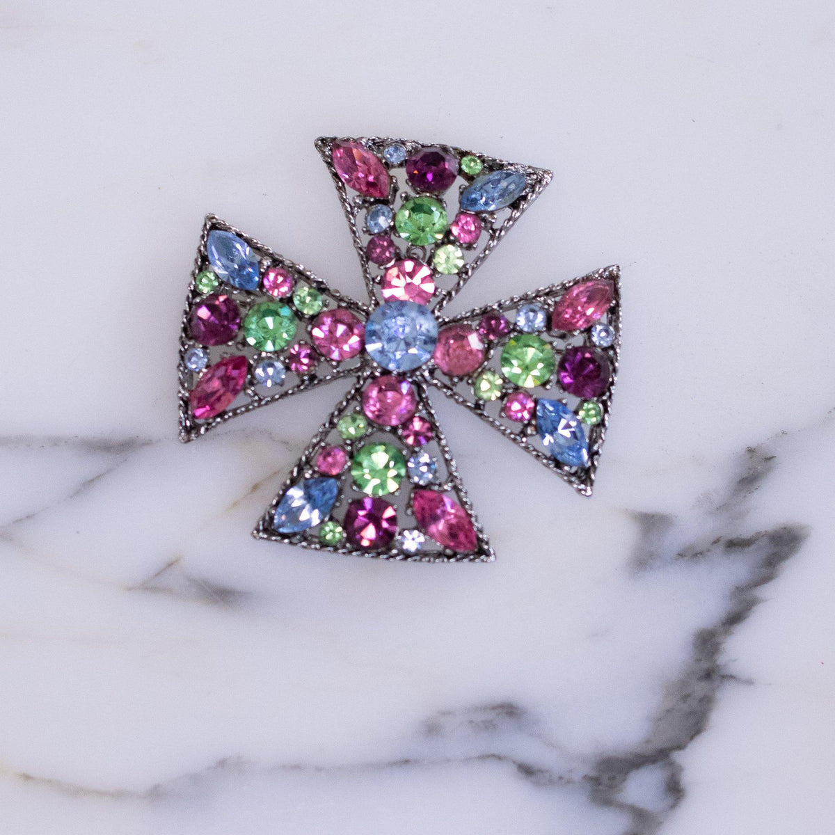 Vintage Blue, Purple, Green, Pink Rhinestone Maltese Cross Brooch