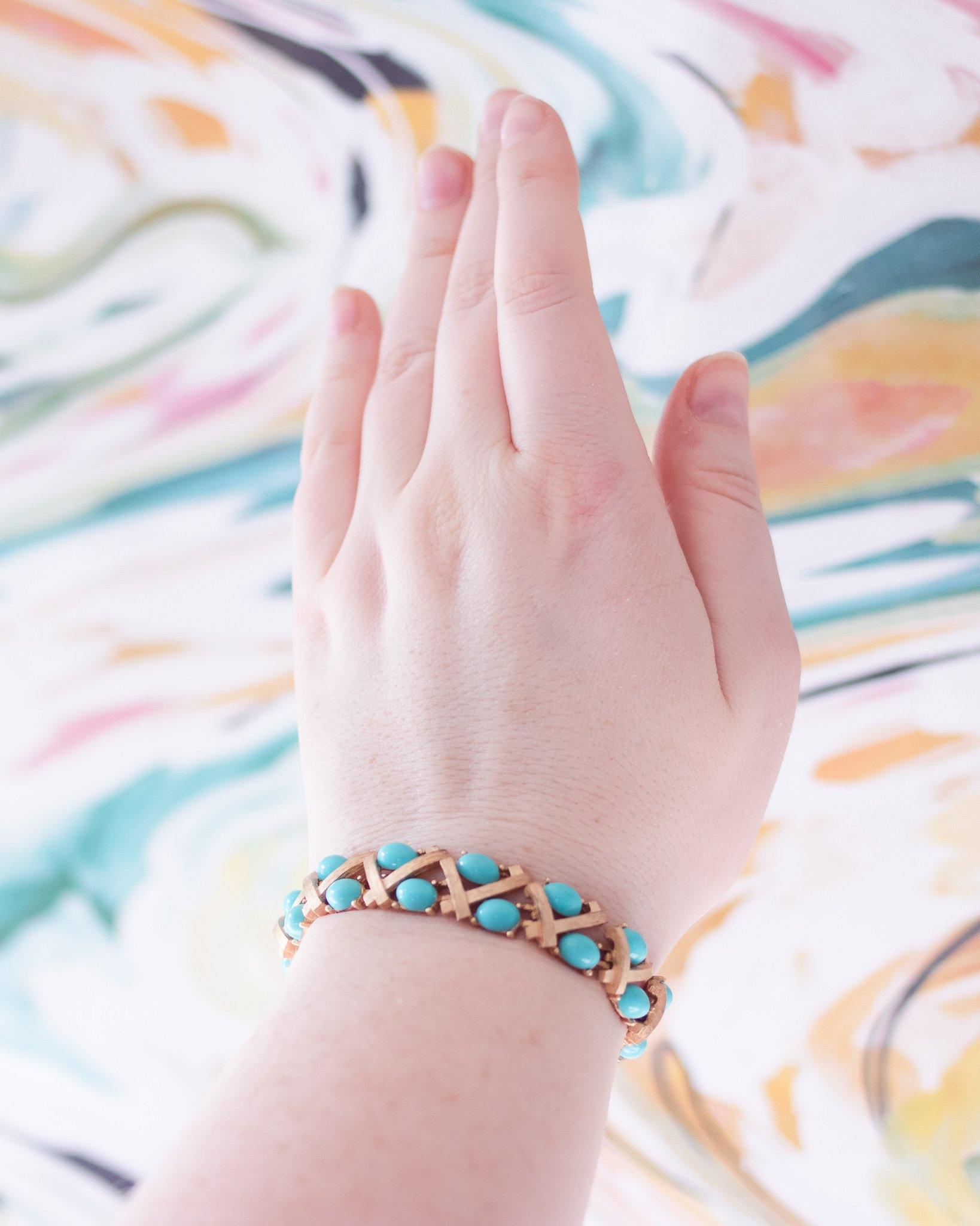 Vintage Crown Trifari Turquoise Glass Cabochon and Gold Tone Bracelet by Crown Trifari - Vintage Meet Modern Vintage Jewelry - Chicago, Illinois - #oldhollywoodglamour #vintagemeetmodern #designervintage #jewelrybox #antiquejewelry #vintagejewelry