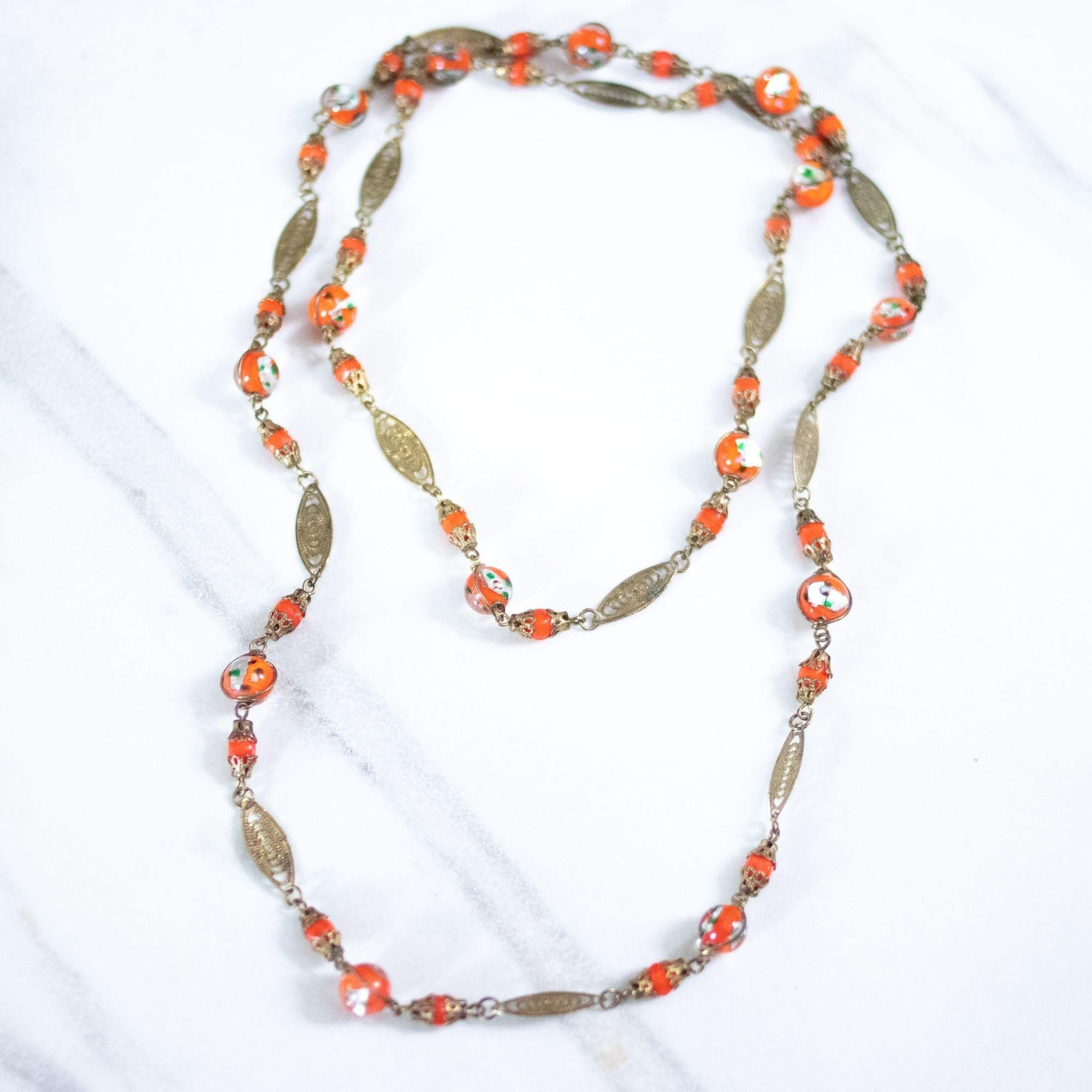 Vintage Orange Venetian Glass Necklace by Czech - Vintage Meet Modern Vintage Jewelry - Chicago, Illinois - #oldhollywoodglamour #vintagemeetmodern #designervintage #jewelrybox #antiquejewelry #vintagejewelry