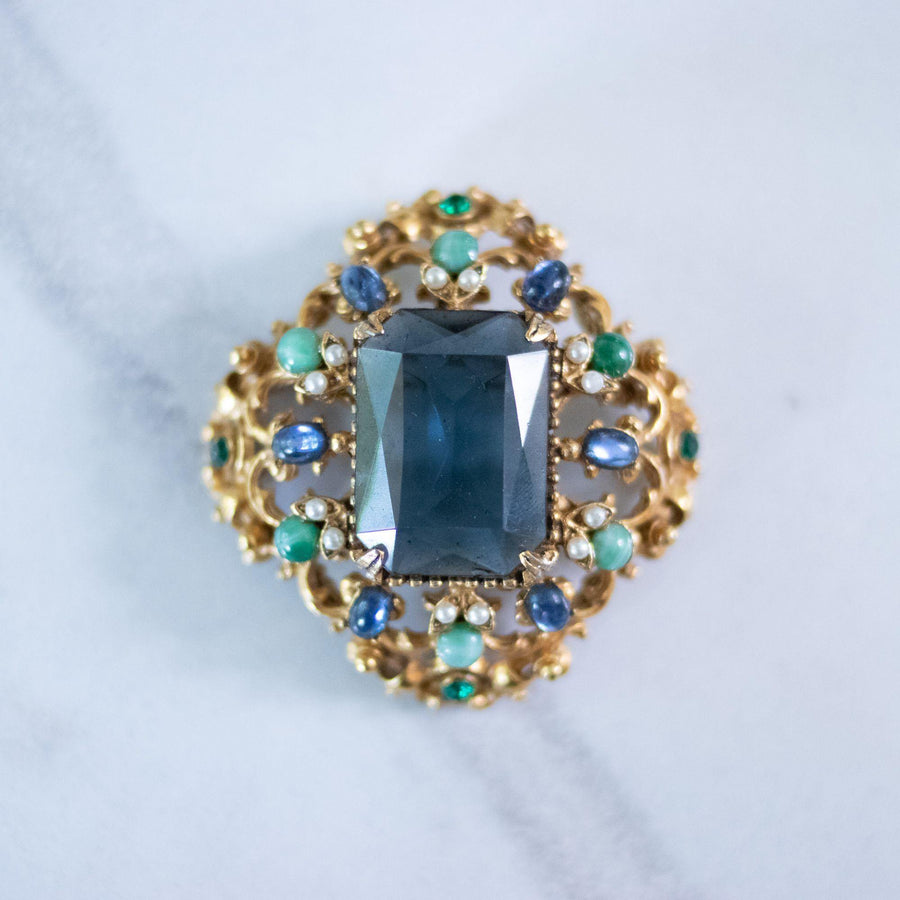 Vintage Florenza Renaissance Revival Ornate Brooch with Blue Crystal, Faux Pearls, and Rhinestones by Florenza - Vintage Meet Modern Vintage Jewelry - Chicago, Illinois - #oldhollywoodglamour #vintagemeetmodern #designervintage #jewelrybox #antiquejewelry #vintagejewelry