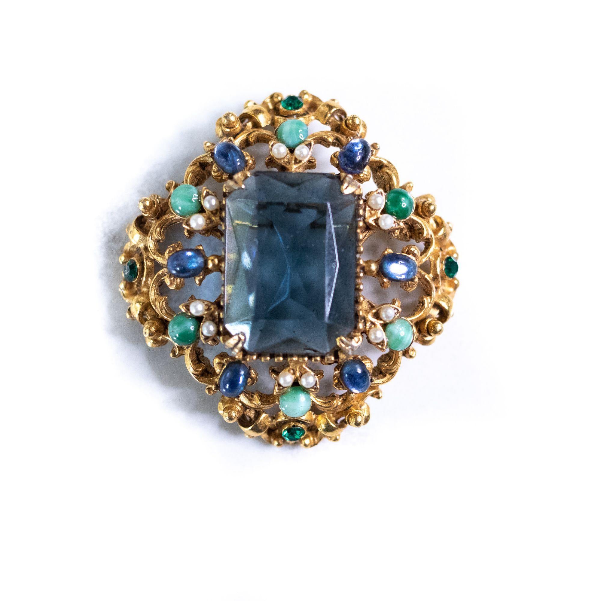 Vintage Florenza Renaissance Revival Ornate Brooch with Blue Crystal, Faux Pearls, and Rhinestones by Florenza - Vintage Meet Modern Vintage Jewelry - Chicago, Illinois - #oldhollywoodglamour #vintagemeetmodern #designervintage #jewelrybox #antiquejewelry #vintagejewelry