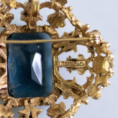 Vintage Florenza Renaissance Revival Ornate Brooch with Blue Crystal, Faux Pearls, and Rhinestones by Florenza - Vintage Meet Modern Vintage Jewelry - Chicago, Illinois - #oldhollywoodglamour #vintagemeetmodern #designervintage #jewelrybox #antiquejewelry #vintagejewelry