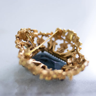 Vintage Florenza Renaissance Revival Ornate Brooch with Blue Crystal, Faux Pearls, and Rhinestones by Florenza - Vintage Meet Modern Vintage Jewelry - Chicago, Illinois - #oldhollywoodglamour #vintagemeetmodern #designervintage #jewelrybox #antiquejewelry #vintagejewelry