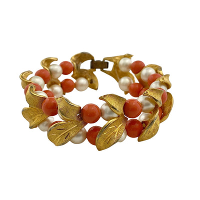 Vintage Gold, Pearl, and Orange Bead Leaf Bracelet by Unsigned Beauty - Vintage Meet Modern Vintage Jewelry - Chicago, Illinois - #oldhollywoodglamour #vintagemeetmodern #designervintage #jewelrybox #antiquejewelry #vintagejewelry