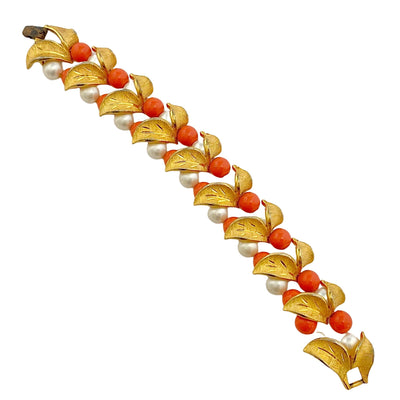 Vintage Gold, Pearl, and Orange Bead Leaf Bracelet by Unsigned Beauty - Vintage Meet Modern Vintage Jewelry - Chicago, Illinois - #oldhollywoodglamour #vintagemeetmodern #designervintage #jewelrybox #antiquejewelry #vintagejewelry