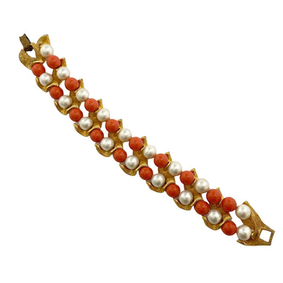Vintage Gold, Pearl, and Orange Bead Leaf Bracelet by Unsigned Beauty - Vintage Meet Modern Vintage Jewelry - Chicago, Illinois - #oldhollywoodglamour #vintagemeetmodern #designervintage #jewelrybox #antiquejewelry #vintagejewelry