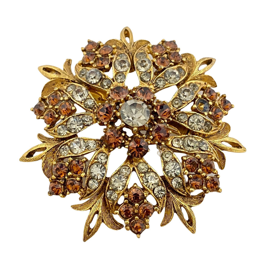 Vintage Florenza Renaissance Revival Brooch with Smoke and Amber Rhinestones by Florenza - Vintage Meet Modern Vintage Jewelry - Chicago, Illinois - #oldhollywoodglamour #vintagemeetmodern #designervintage #jewelrybox #antiquejewelry #vintagejewelry