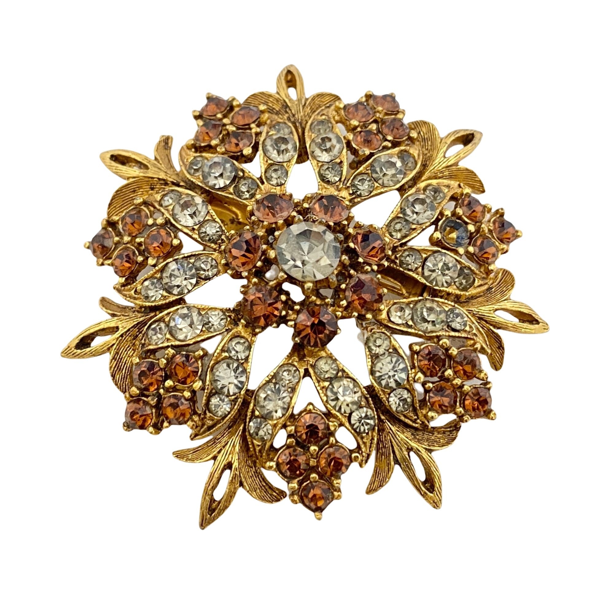 Vintage Florenza Renaissance Revival Brooch with Smoke and Amber Rhinestones by Florenza - Vintage Meet Modern Vintage Jewelry - Chicago, Illinois - #oldhollywoodglamour #vintagemeetmodern #designervintage #jewelrybox #antiquejewelry #vintagejewelry