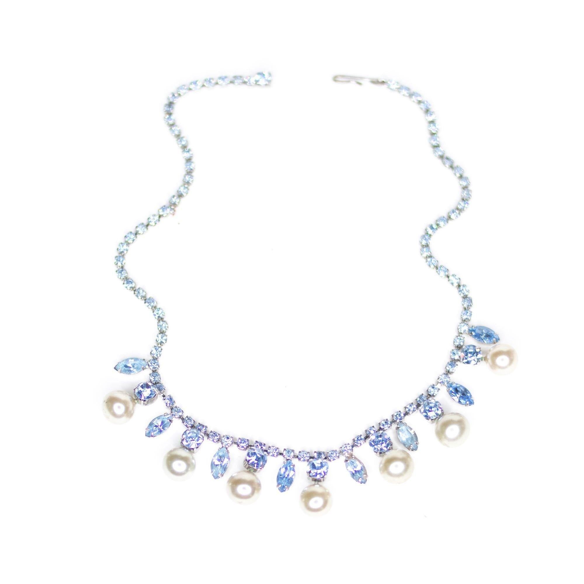Vintage Art Deco Blue Rhinestone and Pearl Necklace by Unsigned Beauty - Vintage Meet Modern Vintage Jewelry - Chicago, Illinois - #oldhollywoodglamour #vintagemeetmodern #designervintage #jewelrybox #antiquejewelry #vintagejewelry