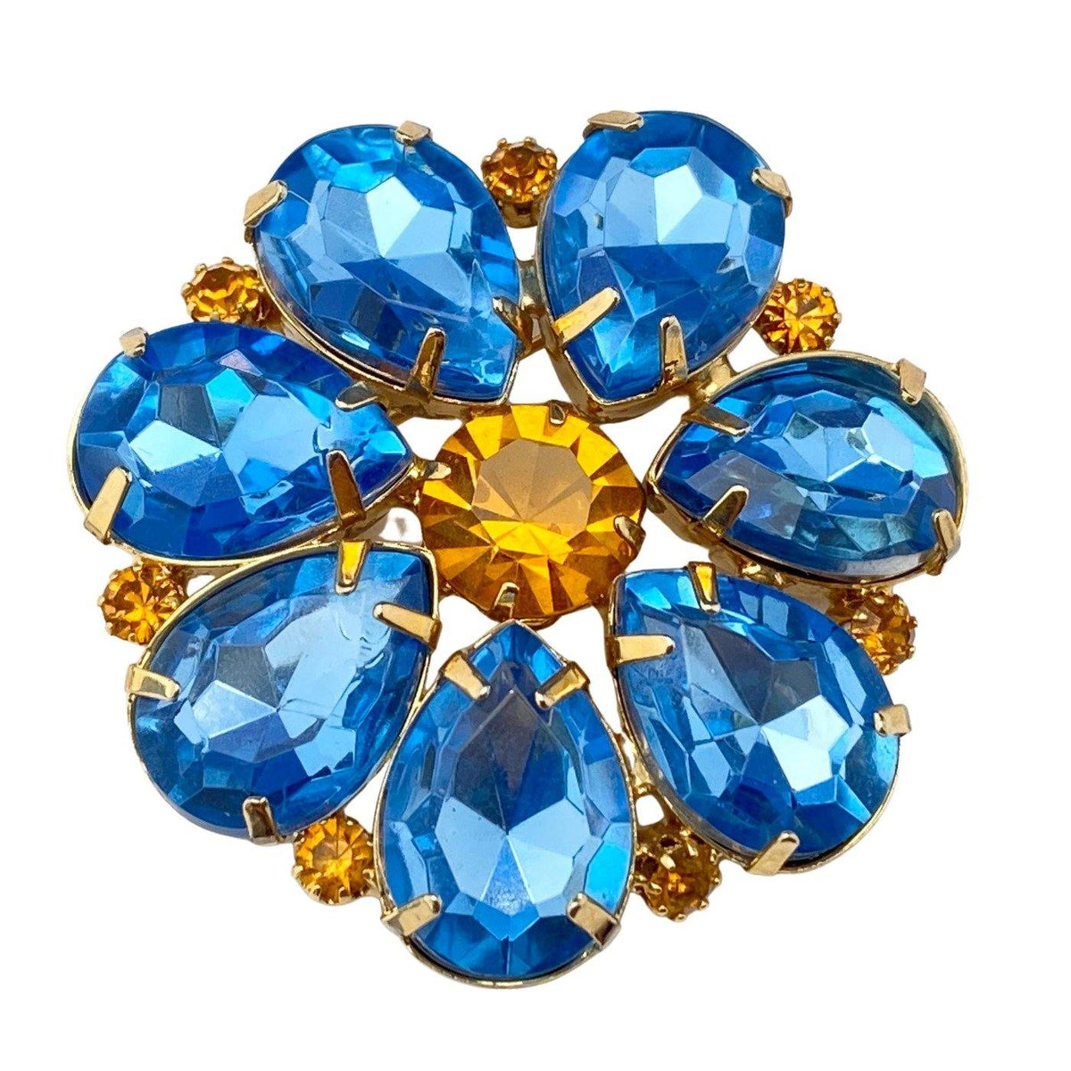 Vintage Blue and Citrine Rhinestone Flower Brooch