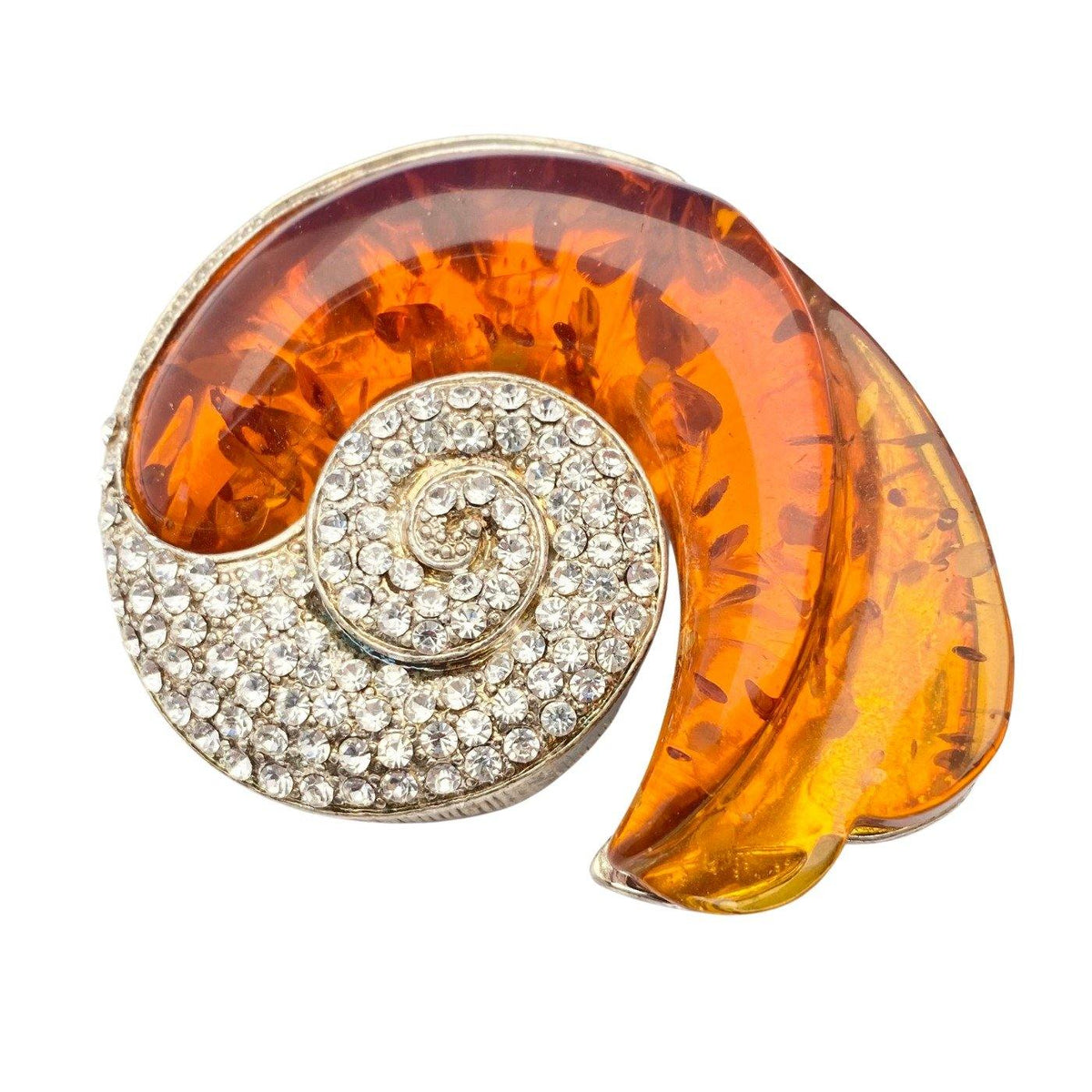 Vintage Amber and Diamante Rhinestone Nautilus Shell Brooch
