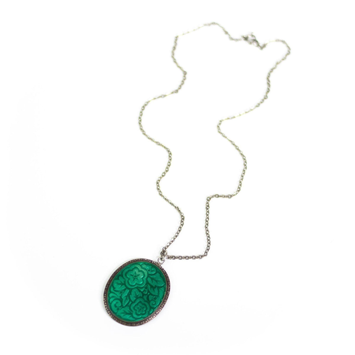 Vintage Art Deco Era Green Crystal over Etching Pendant Necklace