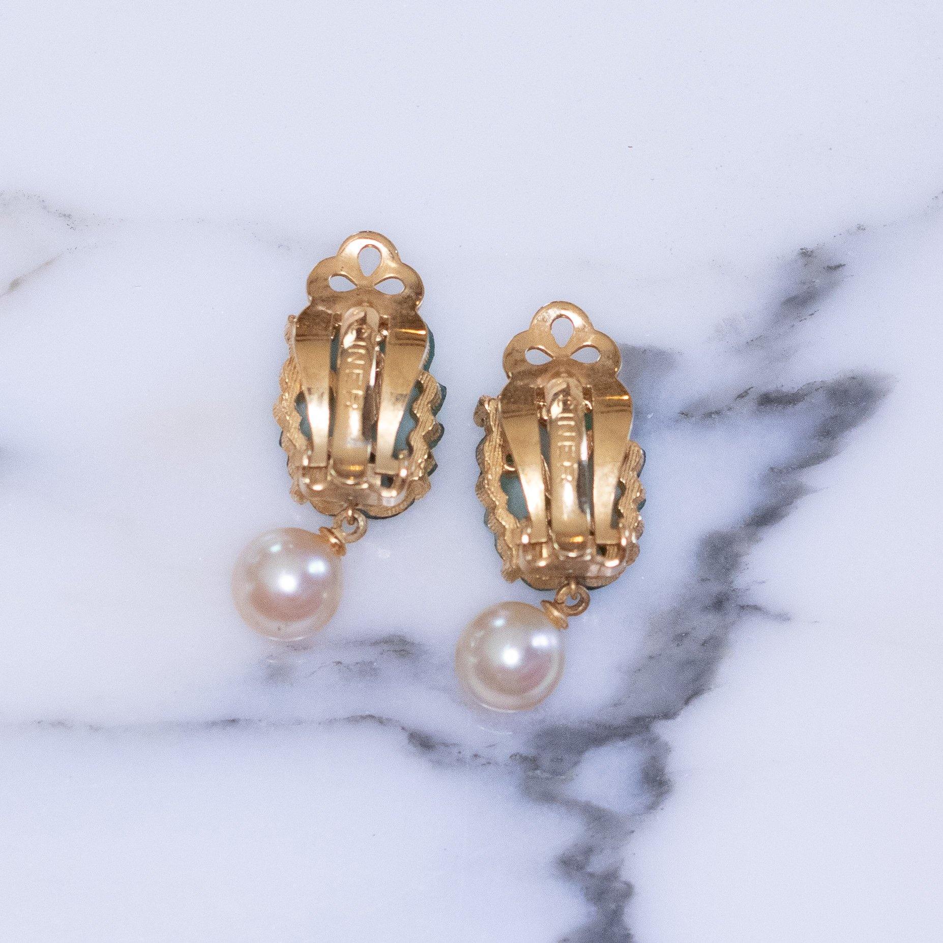 Vintage Ciner Faux Pearl and Jade Glass Dangling Statement Earrings by Ciner - Vintage Meet Modern Vintage Jewelry - Chicago, Illinois - #oldhollywoodglamour #vintagemeetmodern #designervintage #jewelrybox #antiquejewelry #vintagejewelry