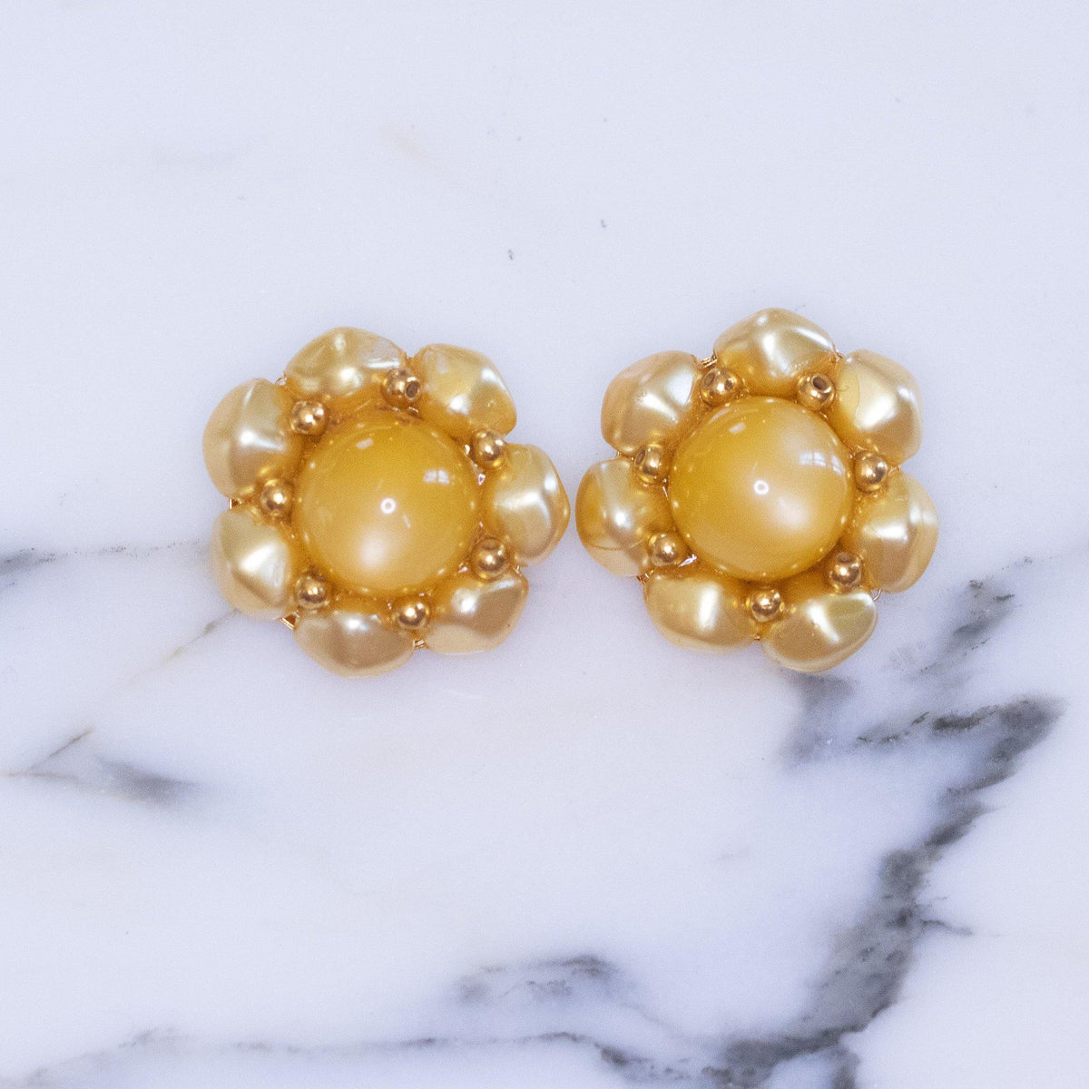 Vintage Yellow and Gold Round Cluster Statement Earrings