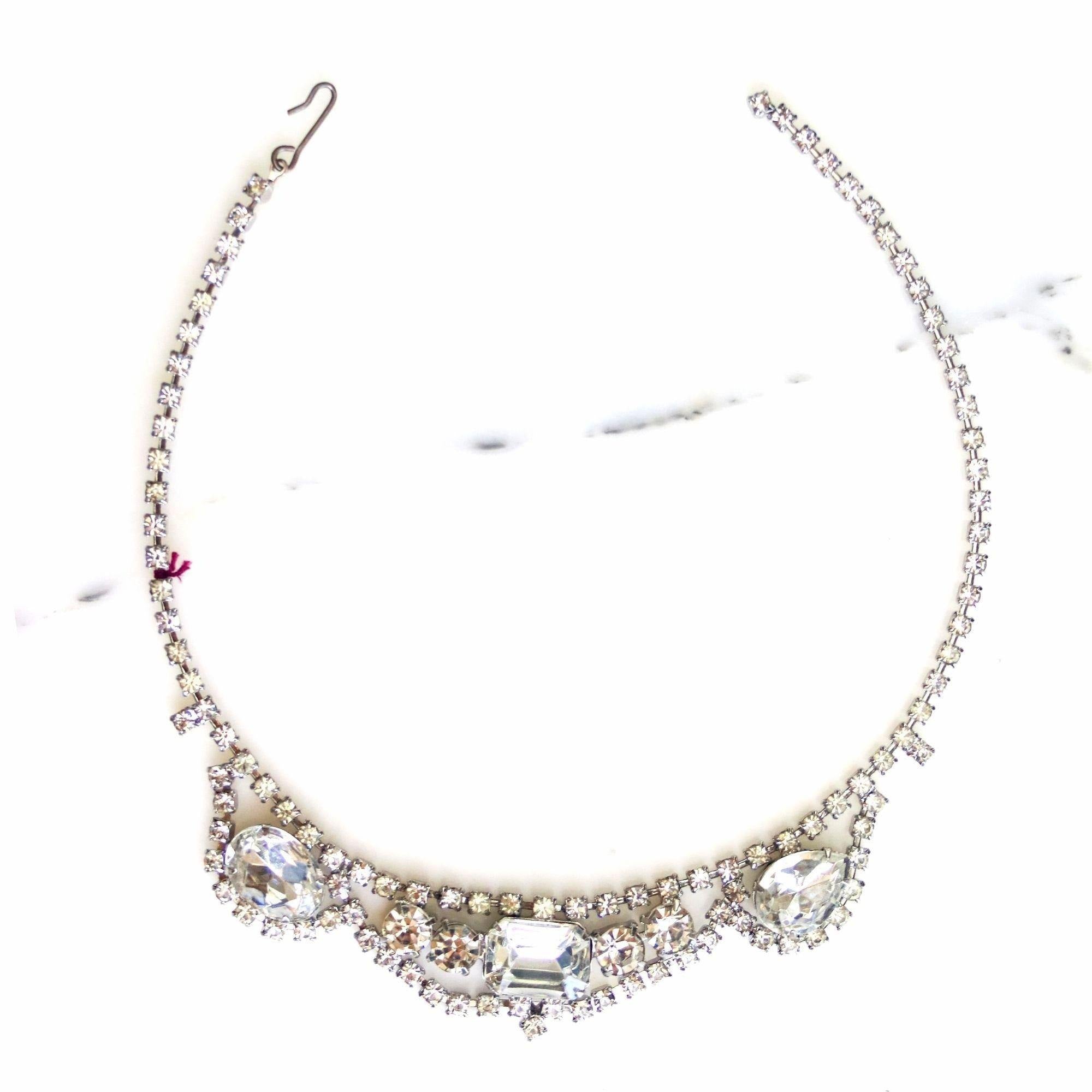 Vintage Art Deco Rhinestone Necklace with Emerald, Pear, and Oval Rhinestones by Unsigned Beauty - Vintage Meet Modern Vintage Jewelry - Chicago, Illinois - #oldhollywoodglamour #vintagemeetmodern #designervintage #jewelrybox #antiquejewelry #vintagejewelry