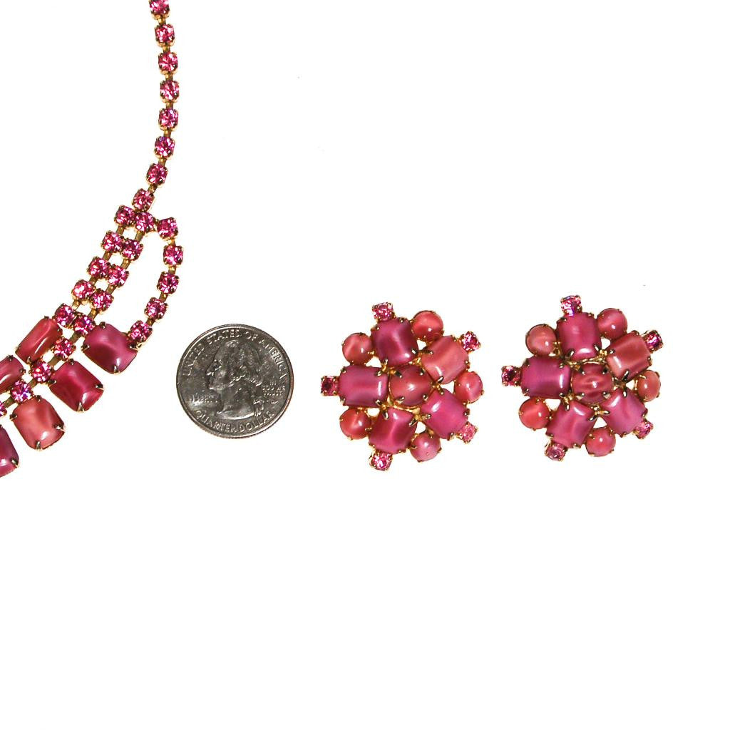 Pink Rhinestone Necklace and Earring Set by Unsigned Beauty - Vintage Meet Modern Vintage Jewelry - Chicago, Illinois - #oldhollywoodglamour #vintagemeetmodern #designervintage #jewelrybox #antiquejewelry #vintagejewelry