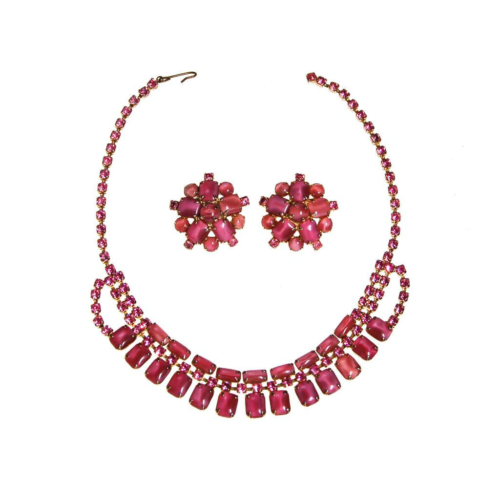 Pink Rhinestone Necklace and Earring Set by Unsigned Beauty - Vintage Meet Modern Vintage Jewelry - Chicago, Illinois - #oldhollywoodglamour #vintagemeetmodern #designervintage #jewelrybox #antiquejewelry #vintagejewelry