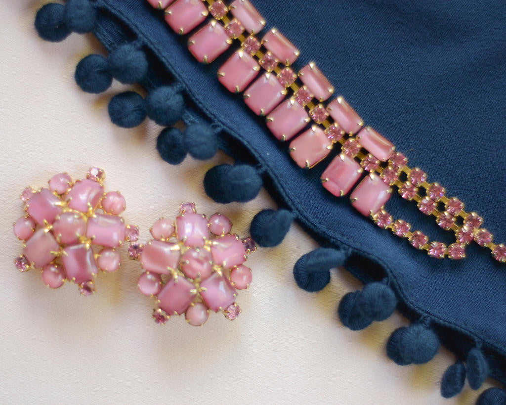 Pink Rhinestone Necklace and Earring Set by Unsigned Beauty - Vintage Meet Modern Vintage Jewelry - Chicago, Illinois - #oldhollywoodglamour #vintagemeetmodern #designervintage #jewelrybox #antiquejewelry #vintagejewelry