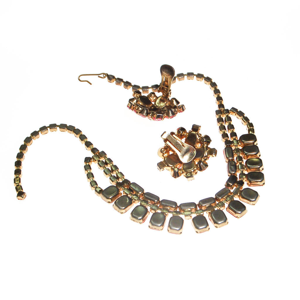 Pink Rhinestone Necklace and Earring Set by Unsigned Beauty - Vintage Meet Modern Vintage Jewelry - Chicago, Illinois - #oldhollywoodglamour #vintagemeetmodern #designervintage #jewelrybox #antiquejewelry #vintagejewelry