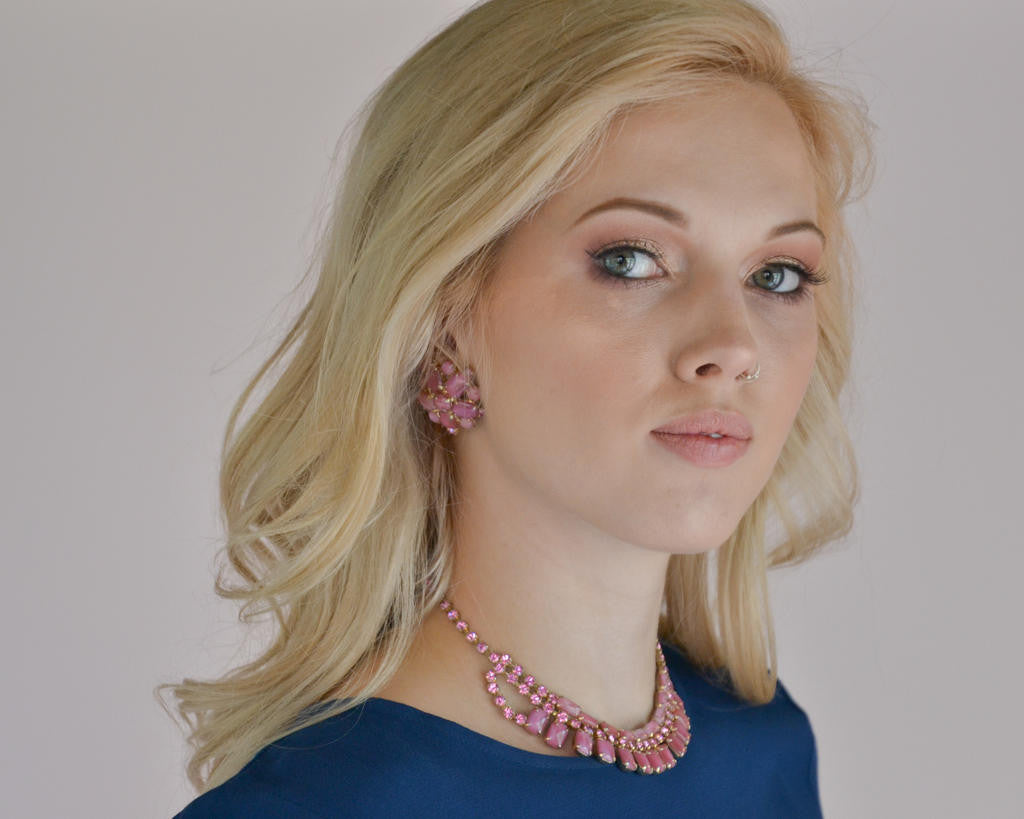 Pink Rhinestone Necklace and Earring Set by Unsigned Beauty - Vintage Meet Modern Vintage Jewelry - Chicago, Illinois - #oldhollywoodglamour #vintagemeetmodern #designervintage #jewelrybox #antiquejewelry #vintagejewelry