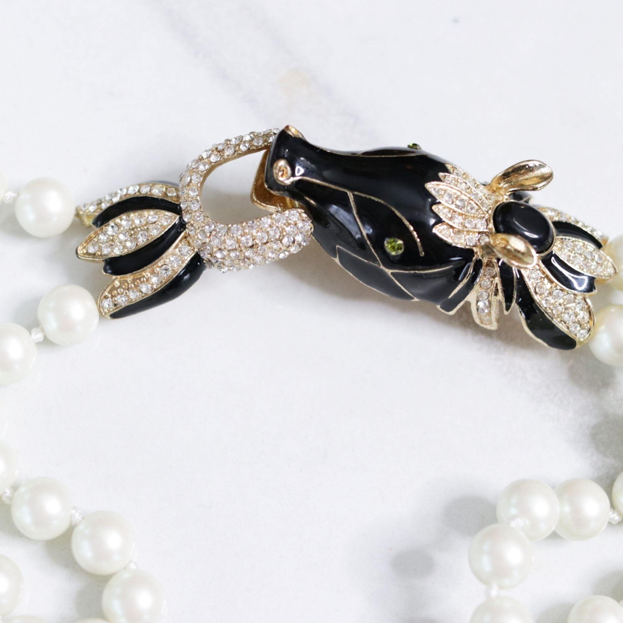 Vintage Couture Style Black Enamel with Diamante Horse Necklace Double Stranded Pearls by Unsigned Beauty - Vintage Meet Modern Vintage Jewelry - Chicago, Illinois - #oldhollywoodglamour #vintagemeetmodern #designervintage #jewelrybox #antiquejewelry #vintagejewelry