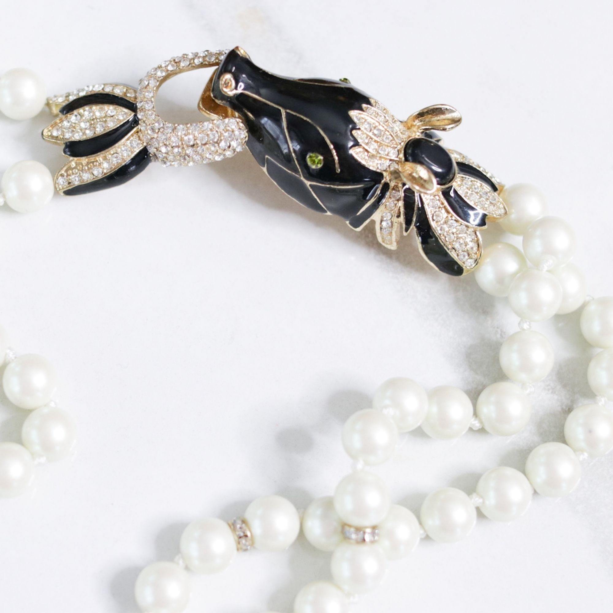 Vintage Couture Style Black Enamel with Diamante Horse Necklace Double Stranded Pearls by Unsigned Beauty - Vintage Meet Modern Vintage Jewelry - Chicago, Illinois - #oldhollywoodglamour #vintagemeetmodern #designervintage #jewelrybox #antiquejewelry #vintagejewelry