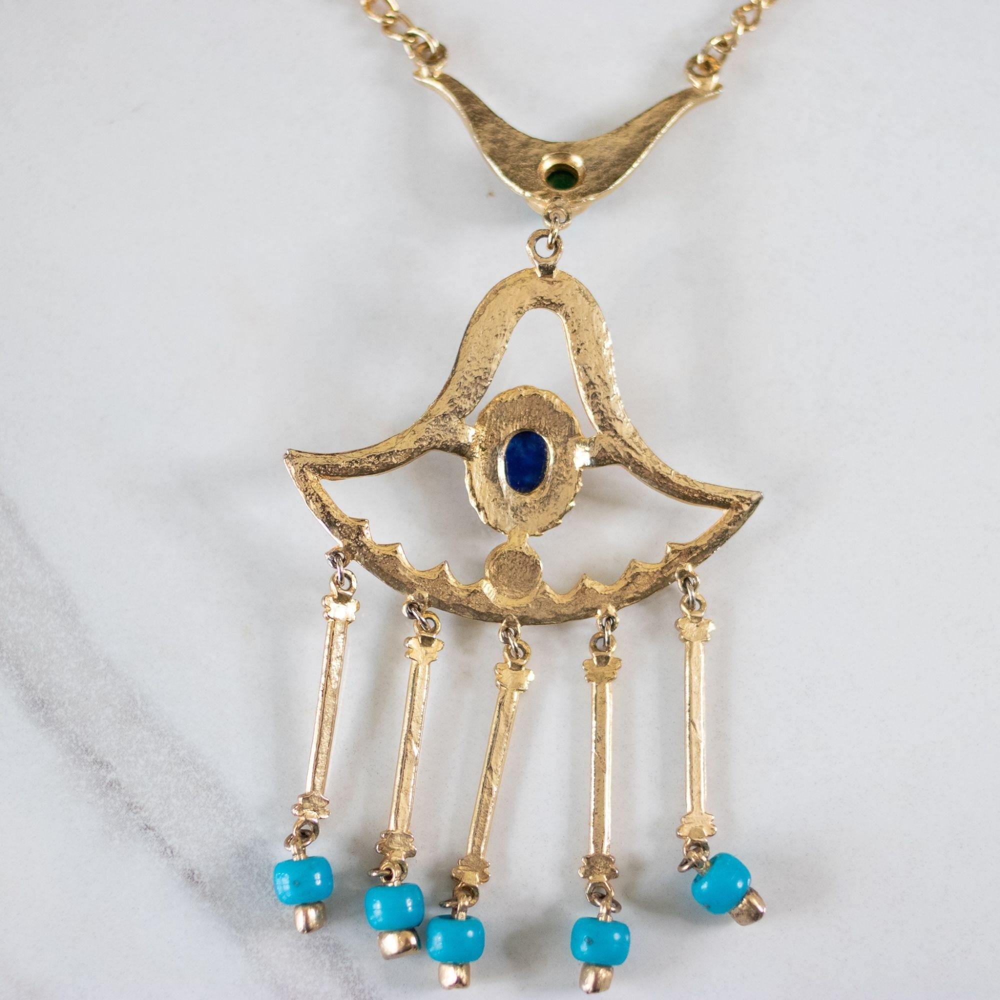 Vintage Egyptian Revival Green, Turquoise, and Lapis Statement Necklace by Unsigned Beauty - Vintage Meet Modern Vintage Jewelry - Chicago, Illinois - #oldhollywoodglamour #vintagemeetmodern #designervintage #jewelrybox #antiquejewelry #vintagejewelry