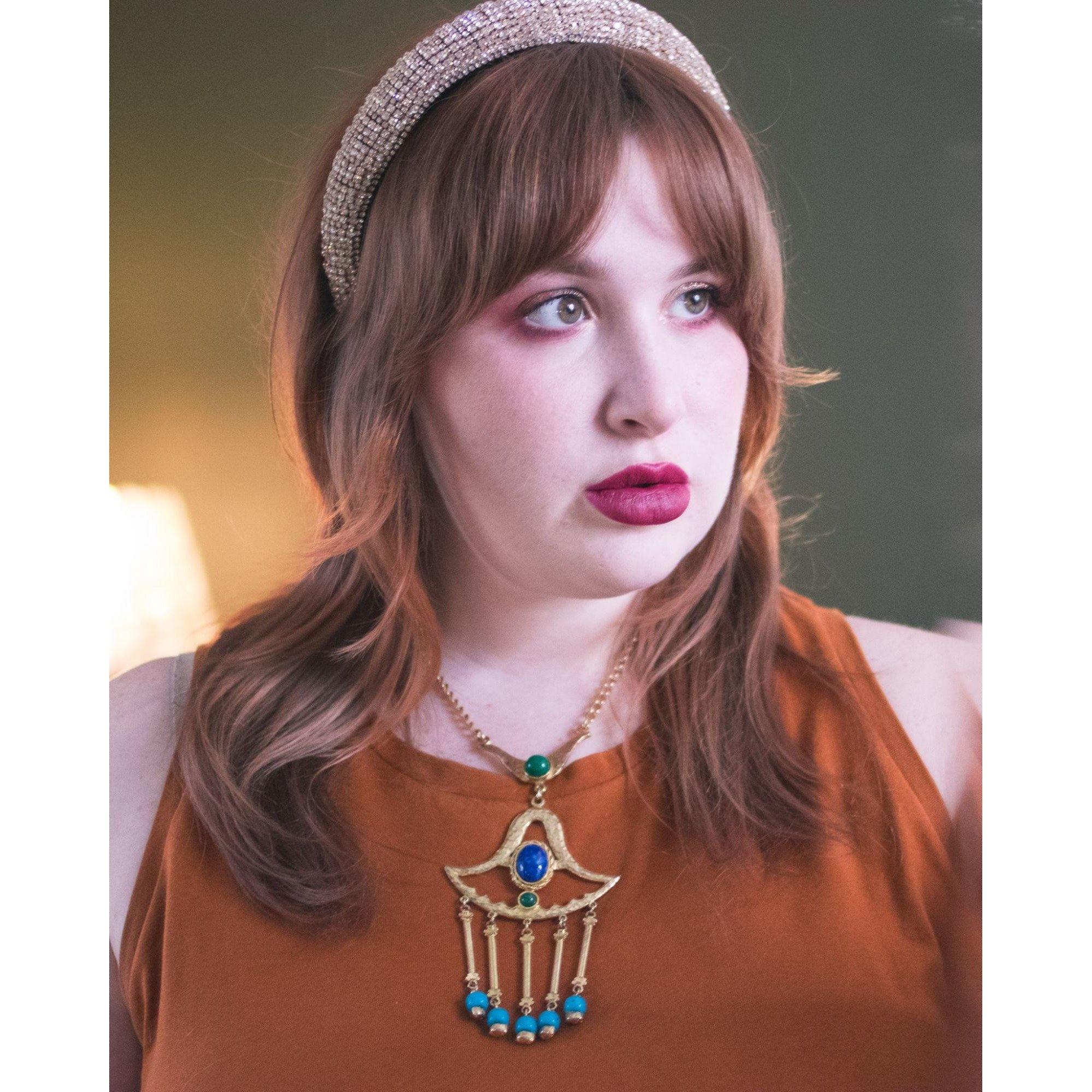 Vintage Egyptian Revival Green, Turquoise, and Lapis Statement Necklace by Unsigned Beauty - Vintage Meet Modern Vintage Jewelry - Chicago, Illinois - #oldhollywoodglamour #vintagemeetmodern #designervintage #jewelrybox #antiquejewelry #vintagejewelry