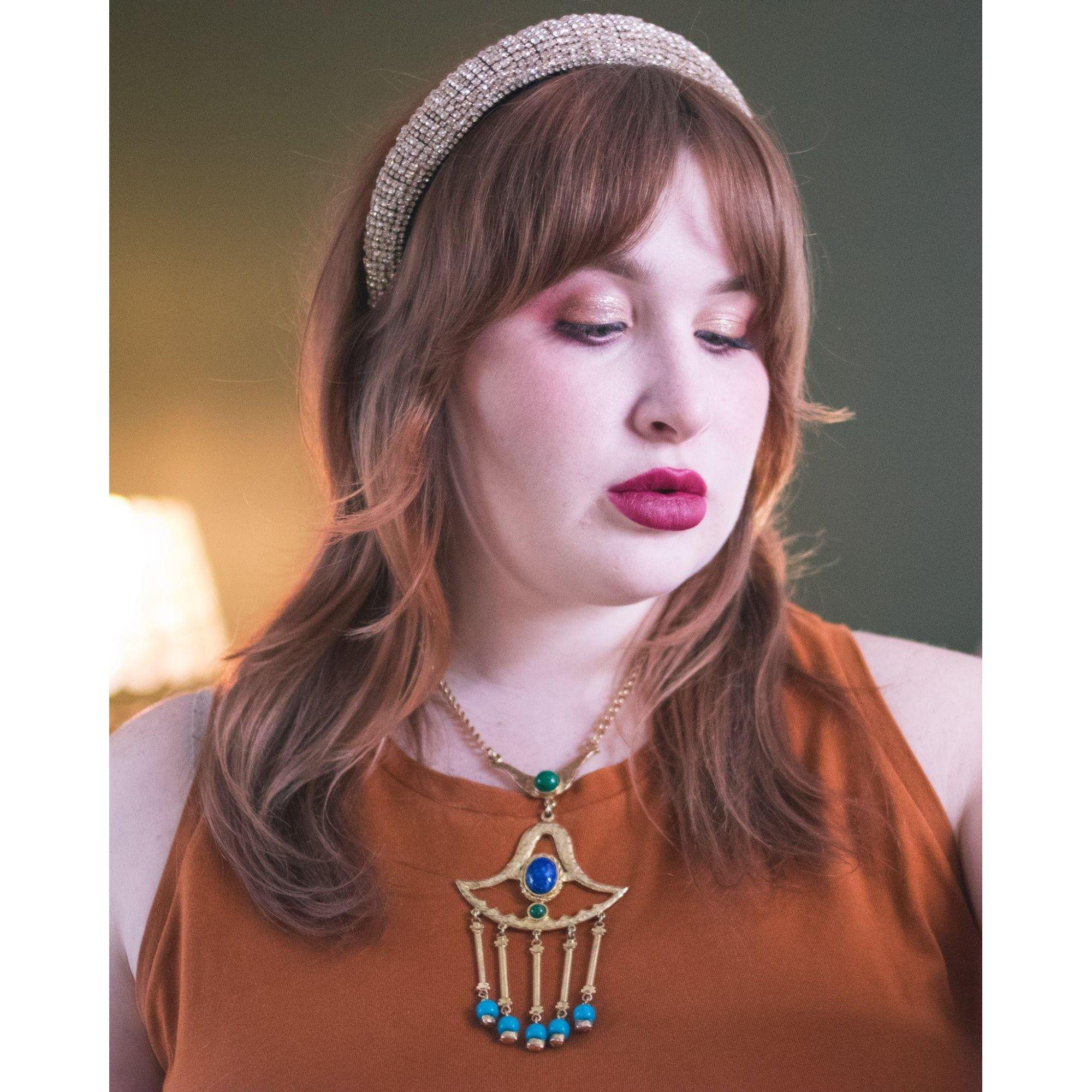 Vintage Egyptian Revival Green, Turquoise, and Lapis Statement Necklace by Unsigned Beauty - Vintage Meet Modern Vintage Jewelry - Chicago, Illinois - #oldhollywoodglamour #vintagemeetmodern #designervintage #jewelrybox #antiquejewelry #vintagejewelry