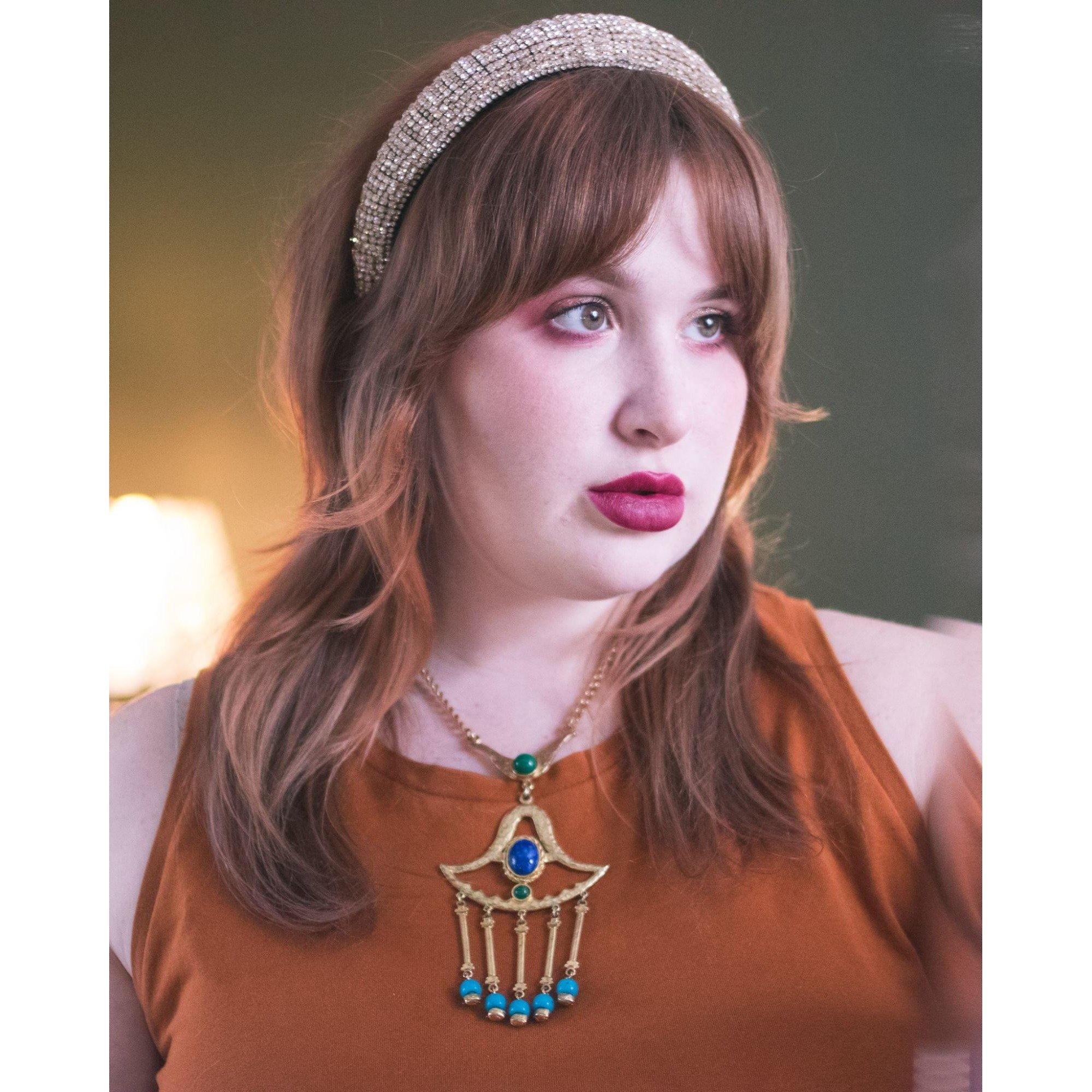 Vintage Egyptian Revival Green, Turquoise, and Lapis Statement Necklace by Unsigned Beauty - Vintage Meet Modern Vintage Jewelry - Chicago, Illinois - #oldhollywoodglamour #vintagemeetmodern #designervintage #jewelrybox #antiquejewelry #vintagejewelry