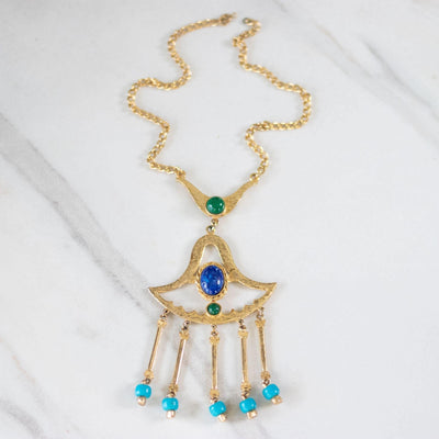 Vintage Egyptian Revival Green, Turquoise, and Lapis Statement Necklace by Unsigned Beauty - Vintage Meet Modern Vintage Jewelry - Chicago, Illinois - #oldhollywoodglamour #vintagemeetmodern #designervintage #jewelrybox #antiquejewelry #vintagejewelry