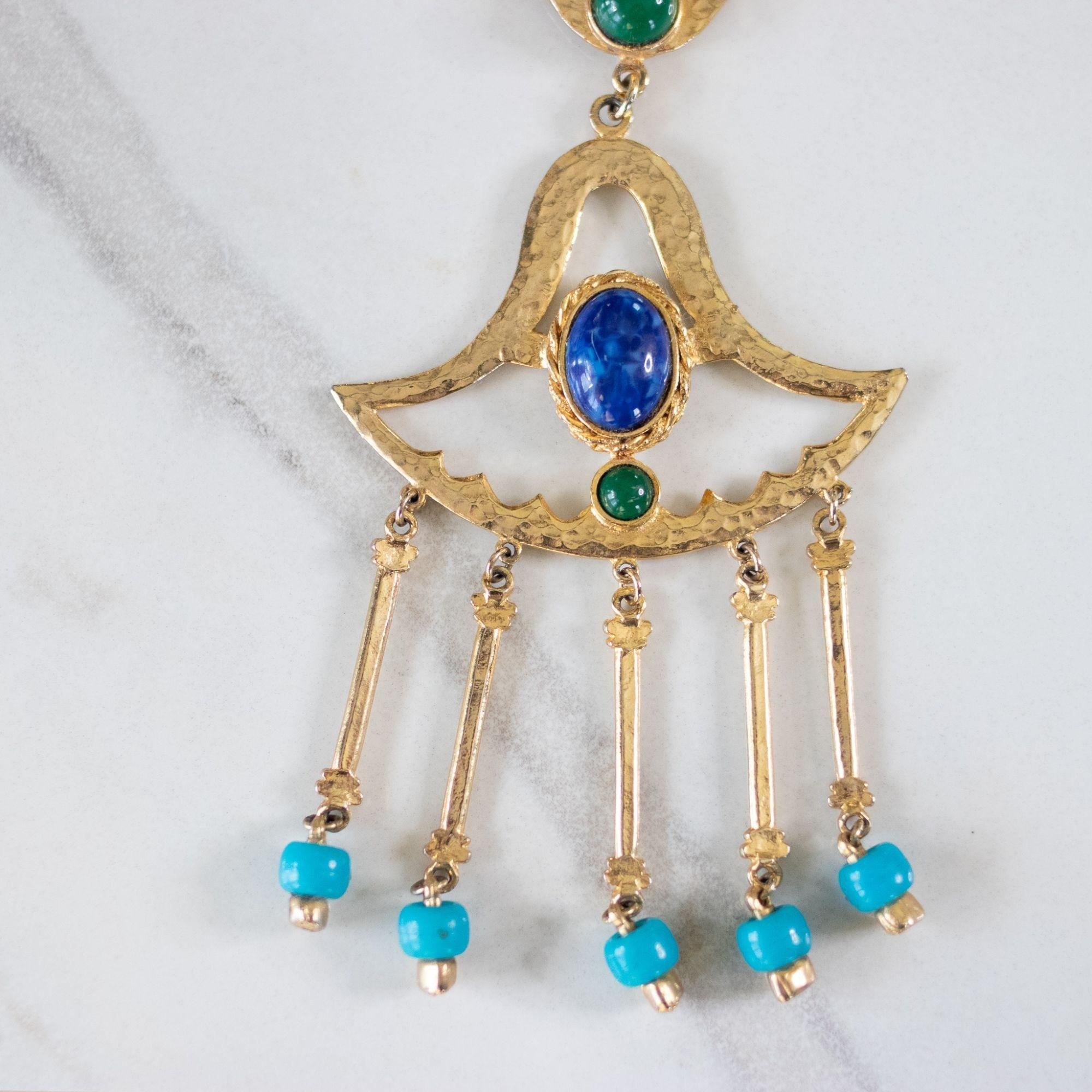 Vintage Egyptian Revival Green, Turquoise, and Lapis Statement Necklace by Unsigned Beauty - Vintage Meet Modern Vintage Jewelry - Chicago, Illinois - #oldhollywoodglamour #vintagemeetmodern #designervintage #jewelrybox #antiquejewelry #vintagejewelry
